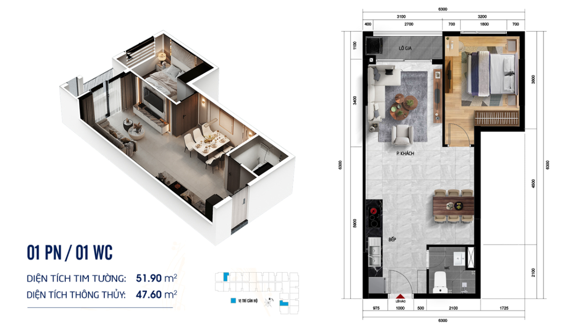 Thiết kế căn hộ 1 phòng ngủ Symlife Bình Dương