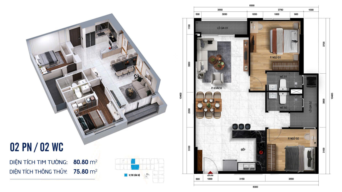 Thiết kế căn hộ 2 phòng ngủ Symlife Bình Dương
