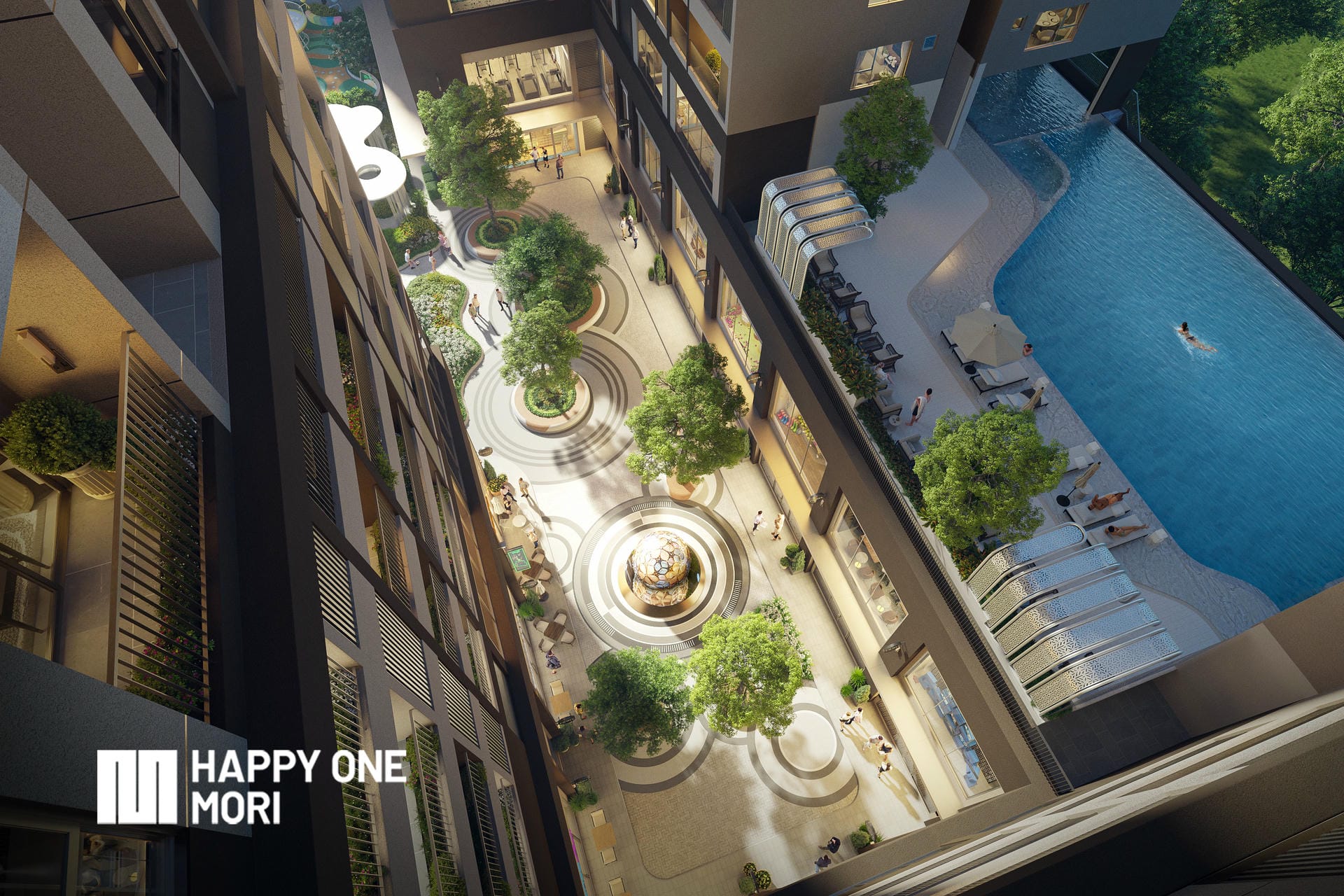 Real estate project Happy One Mori featuring high-rise apartments and green space.