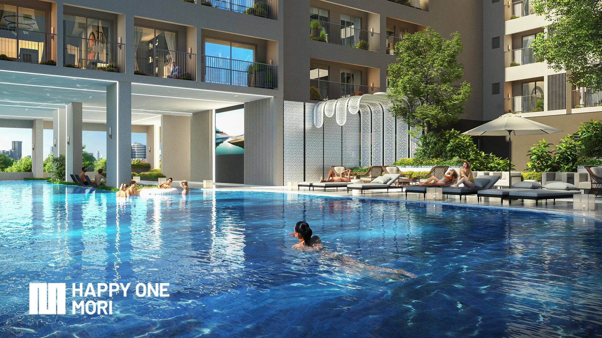 Luxury apartment buildings of Happy One Mori project under clear blue sky.