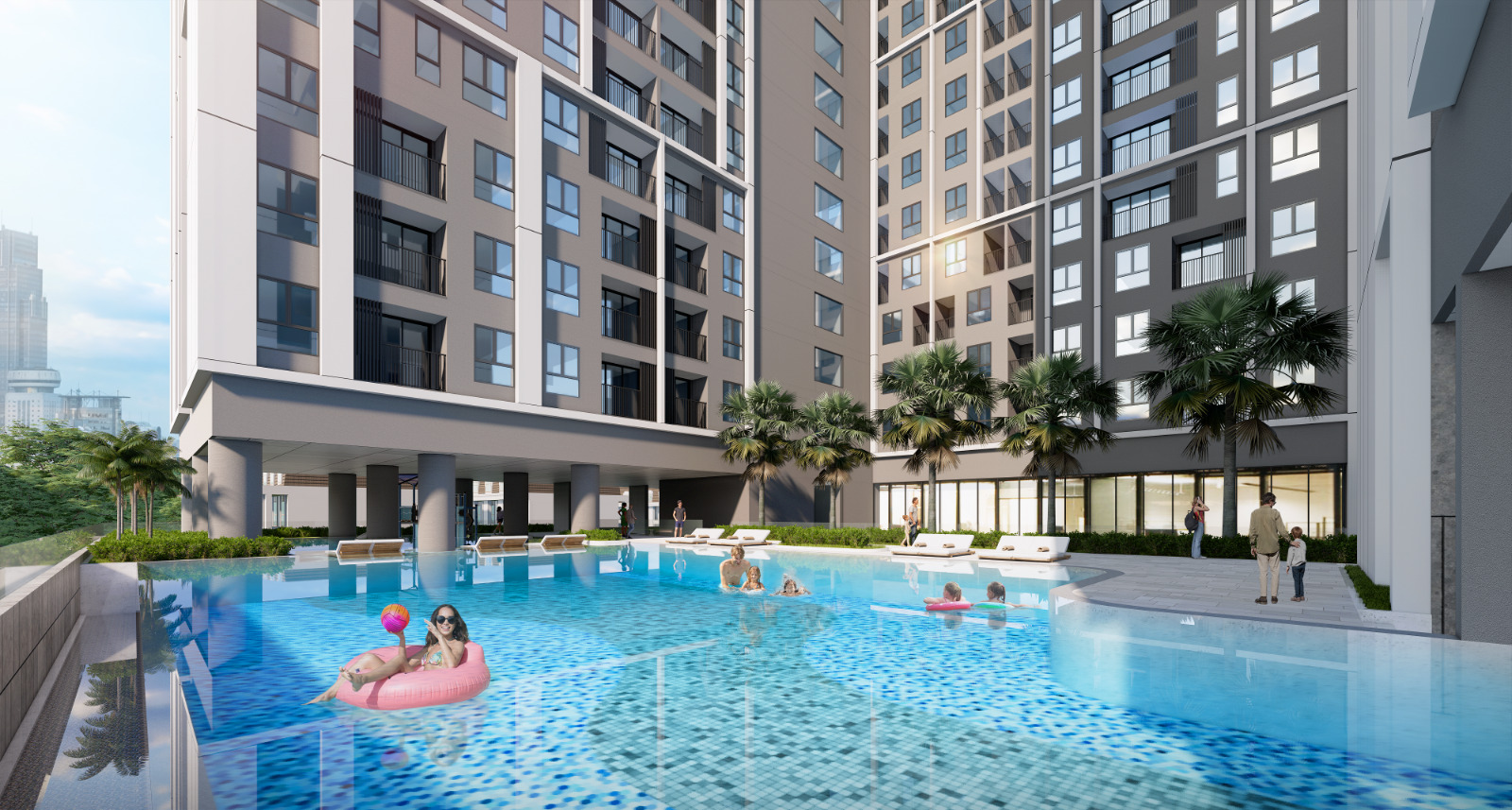 Happy One Mori rooftop swimming pool with panoramic city view.