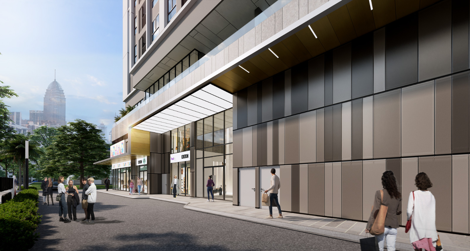 Happy One Mori residents walking to nearby shopping centers and retail stores.