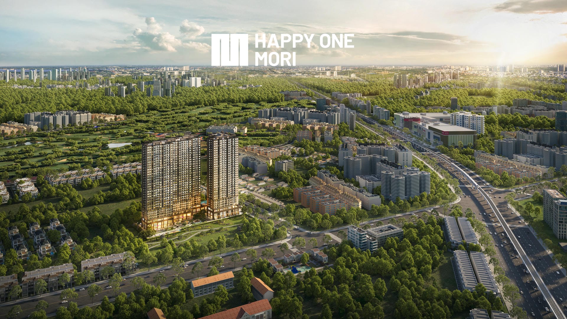Modern high-rise residential project Happy One Mori with green landscape and blue sky.