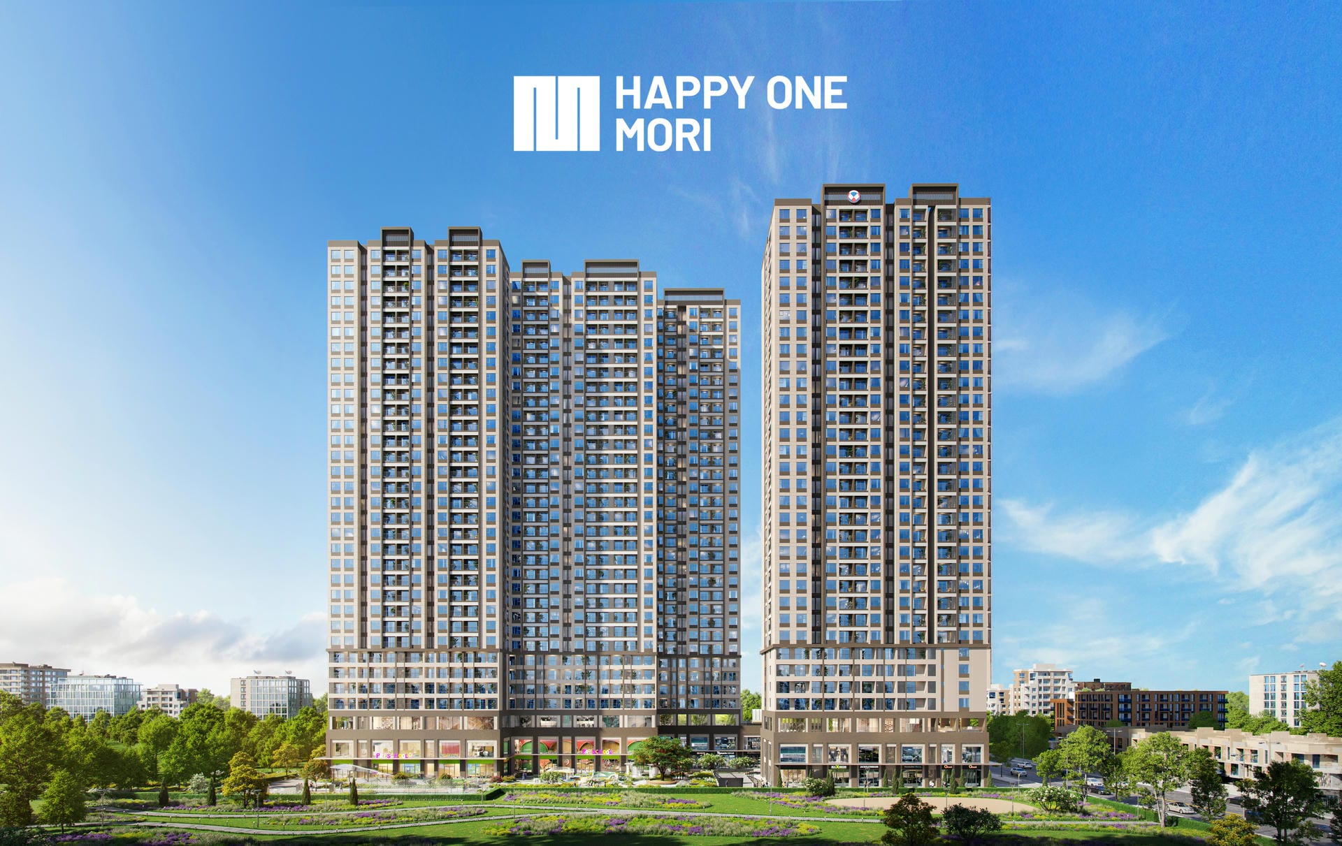 Rendering of Happy One Mori residential apartment complex in Ho Chi Minh City with modern high-rise towers.