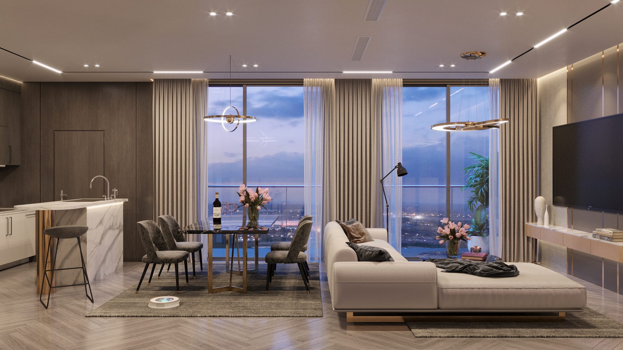 Resident adjusting smart lighting system at Happy One Mori apartment.