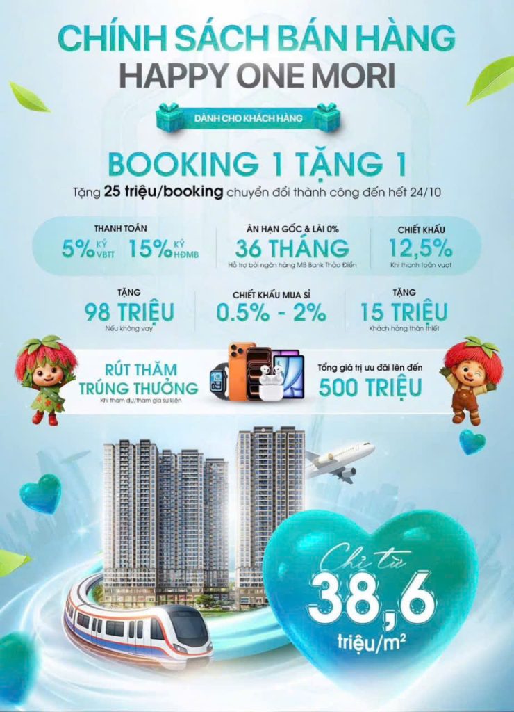 Happy One Mori project showcasing tall apartment buildings and urban greenery.