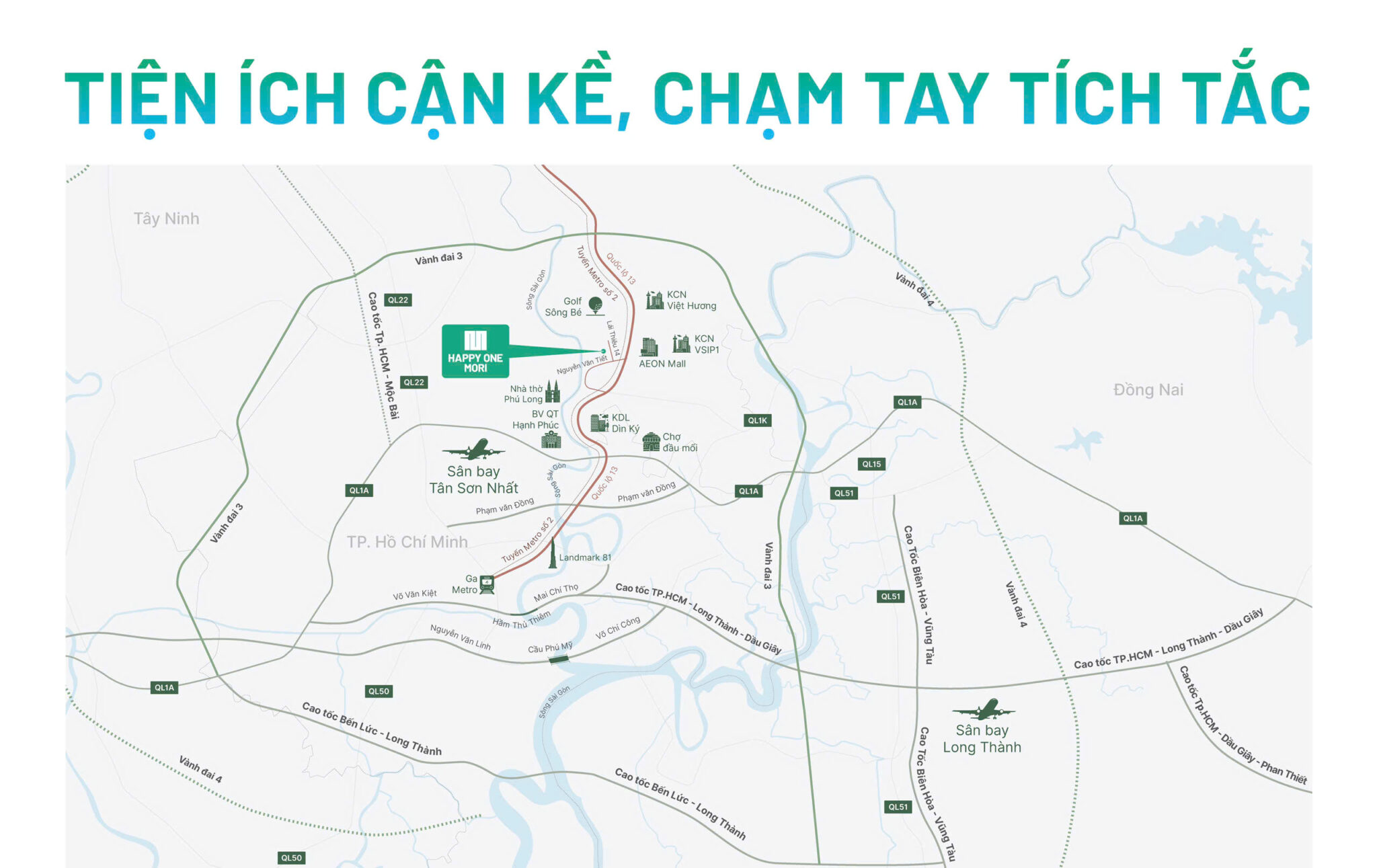 Happy One Mori project location with surrounding landmarks in Ho Chi Minh City.